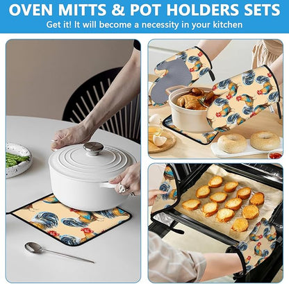 Watercolor Rooster Oven Mitts and Pot Holders Sets Heat Resistant 4Pcs Potholders Oven Gloves Hot Pads for Kitchen Baking Cooking Grilling BBQ