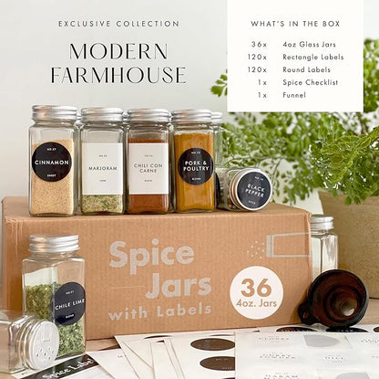 Glass Spice Jars with Labels with Metal Lids and Shakers Farmhouse 36 Pack Set, 4oz Small Clear Empty Spice Bottles Seasoning Containers with Label Organizer Square Herb Seasoning Jars for Kitchen - Image 3