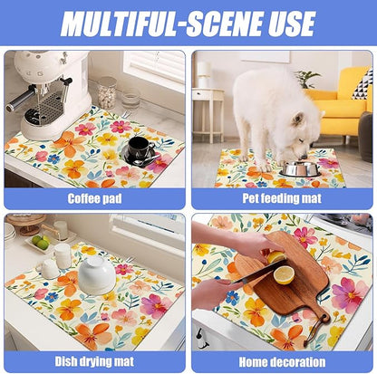 Colorful Flower Dish Drying Mat for Kitchen Counter Spring Floral Drying Pad Absorbent Reversible Dish Drainer Rack Mats Draining Pad 18"x24"Inch