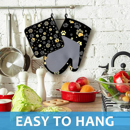 Gold Dog Paw Print Oven Mitts and Pot Holders Sets Heat Resistant 4Pcs Potholders Oven Gloves Hot Pads for Kitchen Baking Cooking Grilling BBQ