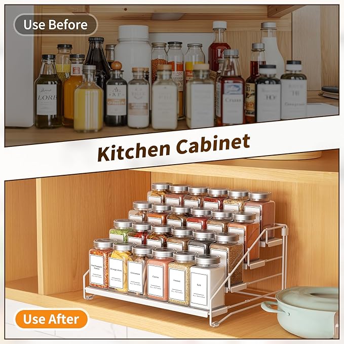 BOIVSHI Tiered Spice Rack, 4 Tier Spice Shelf Organizer for Cabinet, Spice Rack Organizer, Depth Adjustable Seasoning Rack Organizer for Cabinet, Countertop, Pantry, Metal, White (1 Pack) - Image 5