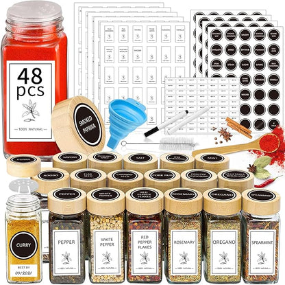 Aliggbent Spice Jars with Lable, 48 Pcs 4 oz Glass Spice Jars with Bamboo Lids, Spice Containers Bottles, Glass Seasoning Jars with Shaker Lids, Collapsible Funnel, for Spice Racks, Pantry,Cupboard by AliggbentGoodChoice