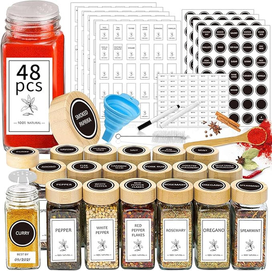 Aliggbent Spice Jars with Lable, 48 Pcs 4 oz Glass Spice Jars with Bamboo Lids, Spice Containers Bottles, Glass Seasoning Jars with Shaker Lids, Collapsible Funnel, for Spice Racks, Pantry,Cupboard by AliggbentGoodChoice