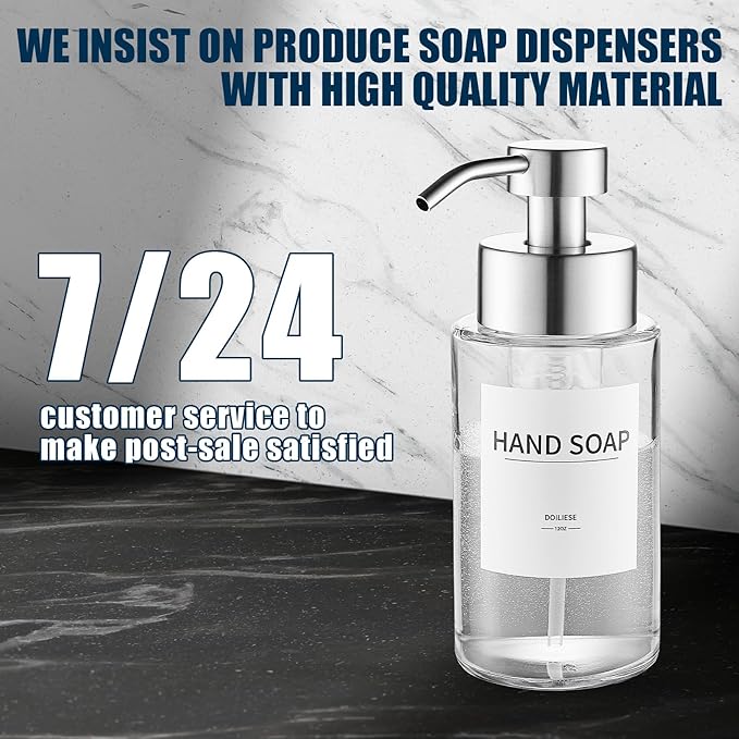 Glass Foaming Hand Soap Dispenser, 10 oz Easy Refill Glass Soap Dispenser, Foam Dispenser with Stainless Steel Pump & Waterproof Labels, Clear Foam Soap Bottle for Bathroom Countertop - Image 7