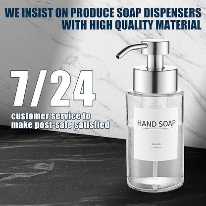 Glass Foaming Hand Soap Dispenser, 10 oz Easy Refill Glass Soap Dispenser, Foam Dispenser with Stainless Steel Pump & Waterproof Labels, Clear Foam Soap Bottle for Bathroom Countertop - Image 7
