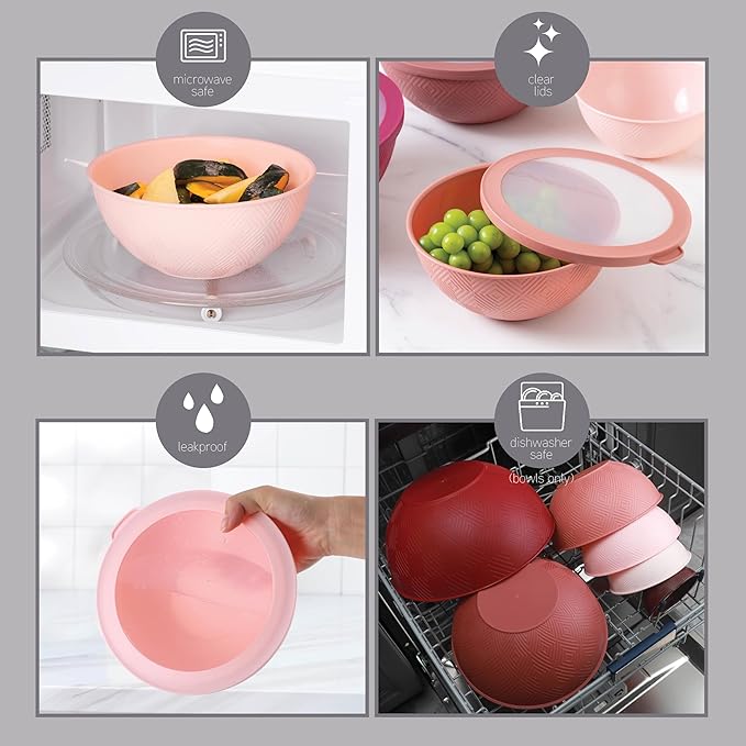 COOK WITH COLOR Mixing Bowls with Lids - 12 Piece Plastic Nesting Bowls Set includes 6 Prep Bowls and 6 Lids, Microwave Safe Mixing Bowl Set, Rose Rhombus - Image 5