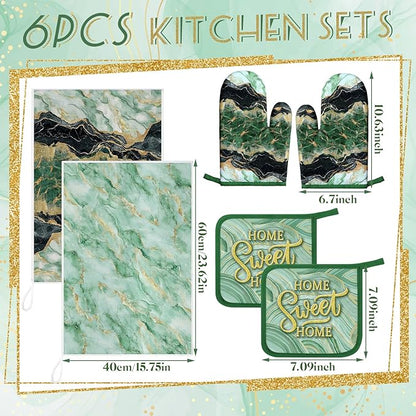 Bencailor 6 Pcs Marble Kitchen Decor Gold Pot Holders Oven Mitts 2 Dish Towels 2 Farmhouse Cooking Mittens Oven Glove and Potholder for Baking Cooking Grilling Supply Accessories(Green)