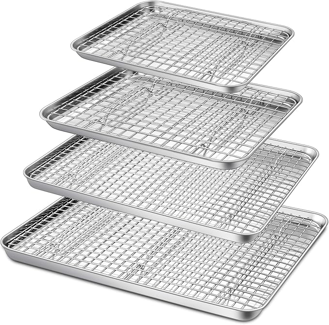 P&P CHEF 16 + 12.5 + 10.4 + 9 Inch Baking Sheet and Rack Set, 8Pcs Stainless Steel Cookie Sheets Oven Baking Pans Trays with Cooling Racks for Cooking, Oven & Dishwasher Safe, Pans with Grid Racks by PPCHEF