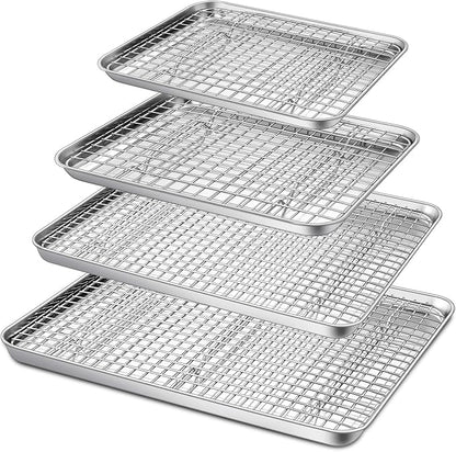 P&P CHEF 16 + 12.5 + 10.4 + 9 Inch Baking Sheet and Rack Set, 8Pcs Stainless Steel Cookie Sheets Oven Baking Pans Trays with Cooling Racks for Cooking, Oven & Dishwasher Safe, Pans with Grid Racks by PPCHEF