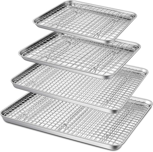 P&P CHEF 16 + 12.5 + 10.4 + 9 Inch Baking Sheet and Rack Set, 8Pcs Stainless Steel Cookie Sheets Oven Baking Pans Trays with Cooling Racks for Cooking, Oven & Dishwasher Safe, Pans with Grid Racks by PPCHEF