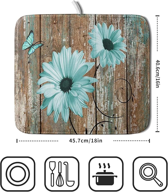 Giwawa Rustic Daisy Dish Drying Mat for Kitchen Countertop 16x18 inch Fall Teal Sunflowers on Wooden Board Dish Drainer Mats Fast Drying Country Vintage Shabby Chic Flower Dish Drying Pad Cabin Decor