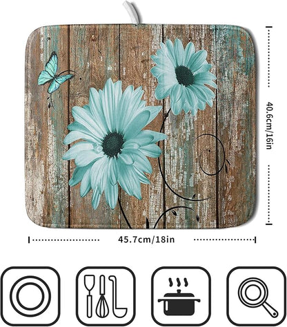 Giwawa Rustic Daisy Dish Drying Mat for Kitchen Countertop 16x18 inch Fall Teal Sunflowers on Wooden Board Dish Drainer Mats Fast Drying Country Vintage Shabby Chic Flower Dish Drying Pad Cabin Decor