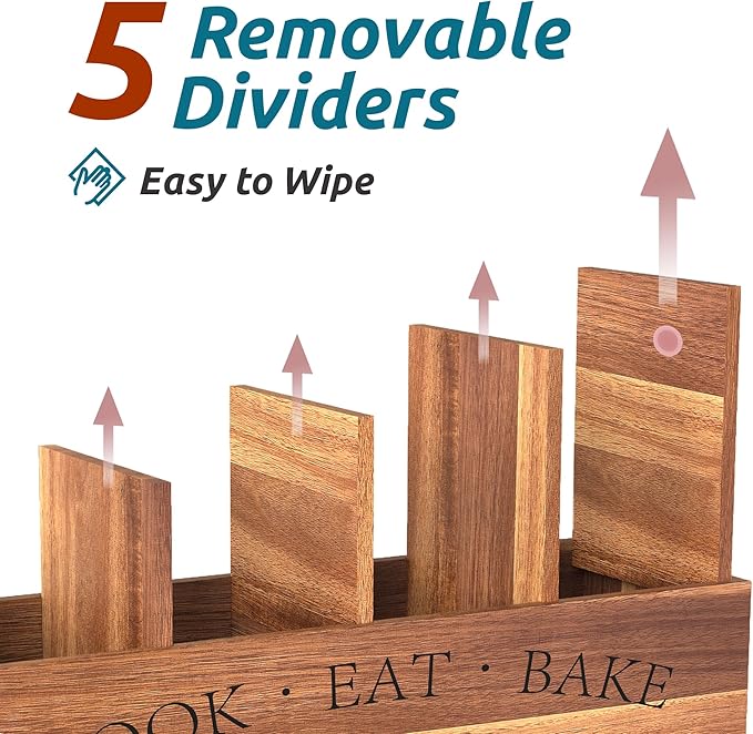 Suli Acacia Wood Utensil Holder for Kitchen Counter,Extra Large Utensils Holder with 4 Compartments,Caddy Organizer for Countertop, Farmhouse Kitchen Decor, Rustic Cooking Utensil - Image 4