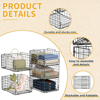 Jakyitvi 5-Tier Stackable Closet Organizer Shelf – Foldable Metal Storage Bins for Clothes, Sweaters & Towels | Stylish Black Wire Baskets for Bedroom, Wardrobe, Dorm or Entryway