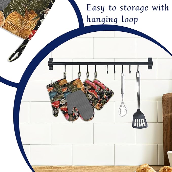 Mushroom Forest Oven Mitts and Pot Holders Cute Snail Wildflowers Silicone Kitchen Accessories Set of 4 Heat Resistant Non-Slip Long Gloves Potholder for Chef Cooking Baking Gifts Women Men