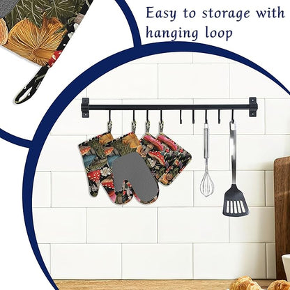 Mushroom Forest Oven Mitts and Pot Holders Cute Snail Wildflowers Silicone Kitchen Accessories Set of 4 Heat Resistant Non-Slip Long Gloves Potholder for Chef Cooking Baking Gifts Women Men