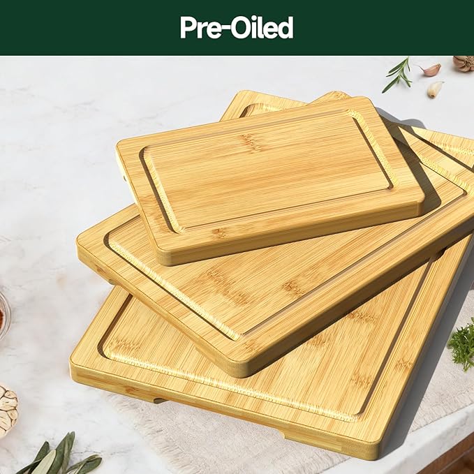 3-Piece Set Bamboo Cutting Board for Kitchen - Crack-Resistant Wood Chopping Boards with Deep Juice Grooves, Pre-Oiled Butcher Block for Meat, Vegetables & Cheese, Natural - Image 6