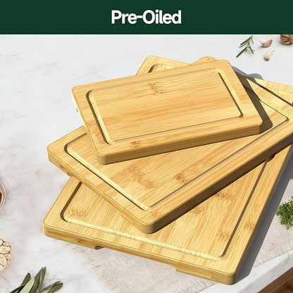 3-Piece Set Bamboo Cutting Board for Kitchen - Crack-Resistant Wood Chopping Boards with Deep Juice Grooves, Pre-Oiled Butcher Block for Meat, Vegetables & Cheese, Natural - Image 6