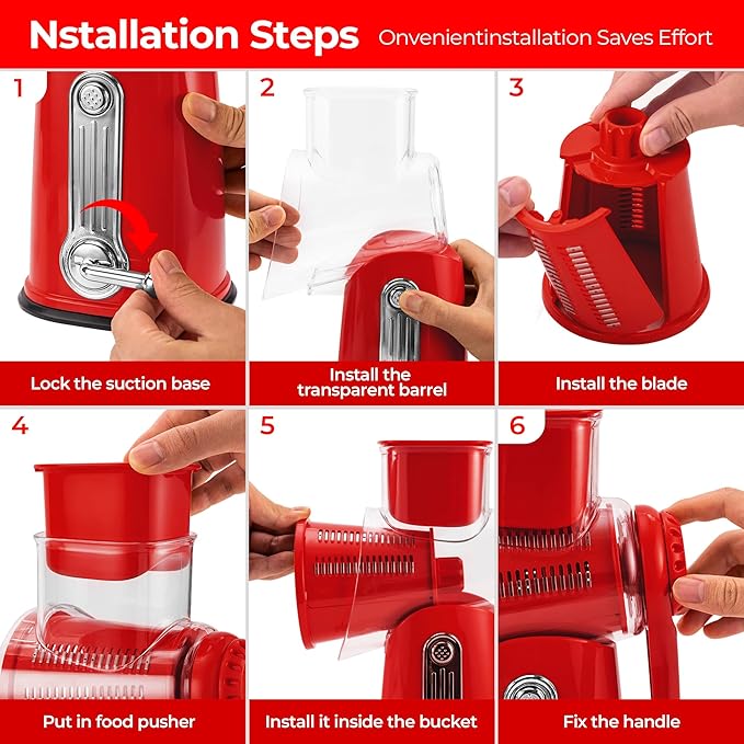 SUSTEAS Rotary Cheese Grater with Handle - Vegetable Shredder with 5 Well-designed Blades & Strong Suction Base,Round Mandoline Slicer & Food Chopper for Kitchen,with Blade Storage Box(Red) - Image 5