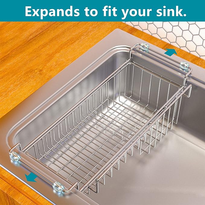 Over The Kitchen Sink Caddy Sponge Holder Organizer Drying Rack Expandable for Sponge Brush Soap Dish Cloth Rag 14.5" to 22", Stainless Steel - Image 8