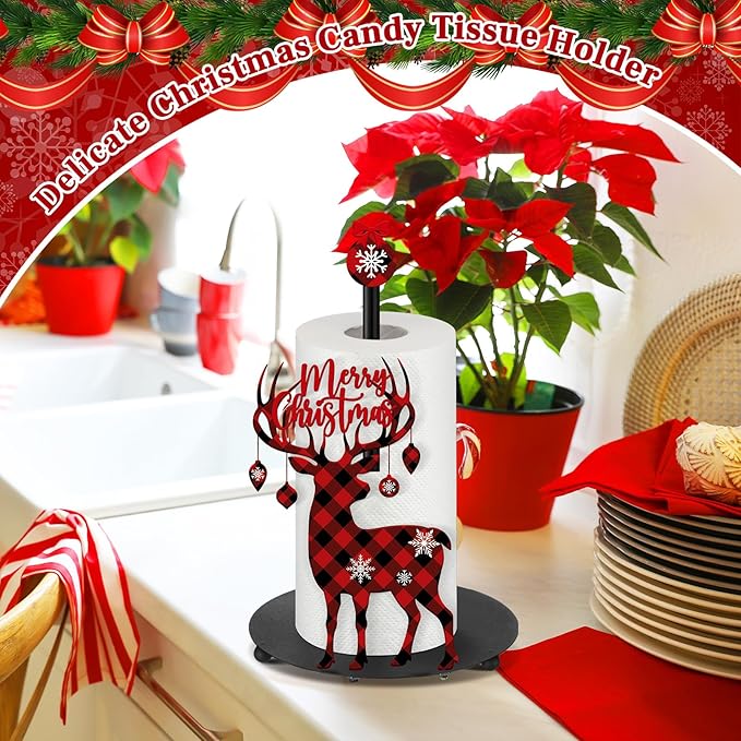 Thyle Christmas Paper Towel Holder with Round Base Reindeer Buffalo Plaid Christmas Bathroom Decor Rustic Elk Family Dispenser Kitchen Paper Holder Stand for Winter Xmas Countertop Home Accessories