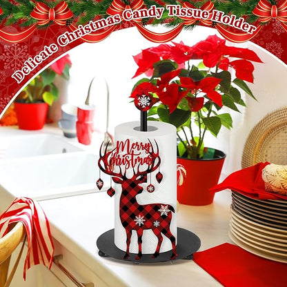 Thyle Christmas Paper Towel Holder with Round Base Reindeer Buffalo Plaid Christmas Bathroom Decor Rustic Elk Family Dispenser Kitchen Paper Holder Stand for Winter Xmas Countertop Home Accessories
