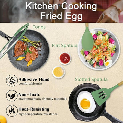 MYKUJA Silicone Cooking Utensils Set, Heat Resistant Kitchen Utensils Set, Spatula,Turner Tongs,Spoon,Brush,Whisk, Cooking Kitchen Utensils Spatula Set, Nonstick Cookware（sage green）