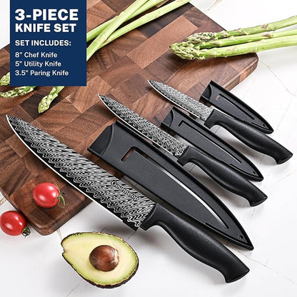 Gourmetop Kitchen Knife Set with Cover 3 Pcs, Black Chef Knife Set for Cooking, Sharp Kitchen Knives with Sheath, 8'' Chef Knife, 5'' Utility, 3.5'' Paring, Damascus Pattern Kitchen Knife for Cutting - Image 5
