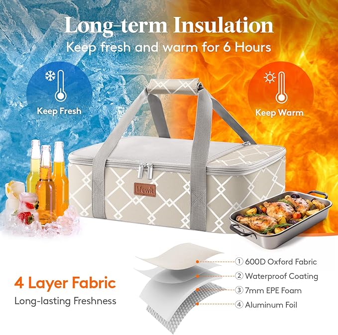 Lifewit Insulated Single Decker Casserole Carrier, Lasagna Lugger Holder for Hot or Cold Food, Fits 9" x 13" Baking Dish, Thermal Lunch Tote Bag for Potluck Parties, Picnic and Cookouts, Grey