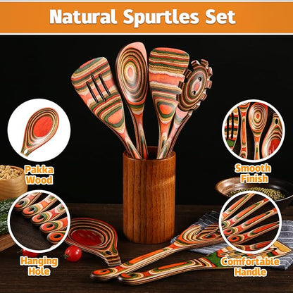 7Pcs Pakkawood Kitchen Utensils Set for Cooking, Wooden Spoons for Cooking, Safe Eco-Friendly, Non-Stick, Wooden Utensil for Cooking,Wooden Cookware Set, Housewarming Kitchen Gifts, Colorful