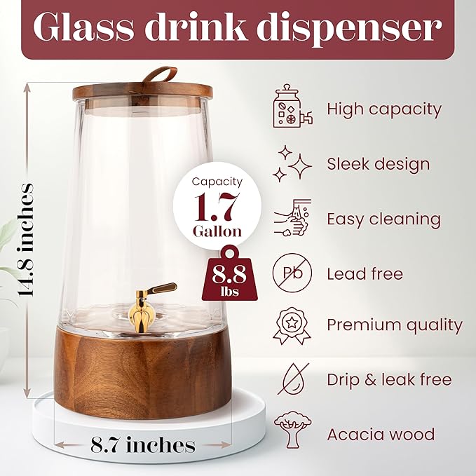 FOODLE Large Glass Drink Dispenser with Spigot - Glass Beverage Dispenser with Stand - Perfect for Parties & Weddings - Pitcher for Lemonade, Water, Sangria, Punch & Juice - Leakproof - 1.72 Gallon - Image 3