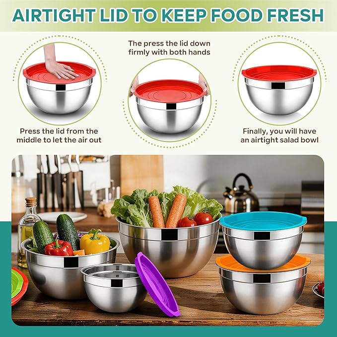 E-far Mixing Bowls With Lids Sets of 5, 10-Piece Stainless Steel Salad Metal Nesting Bowl for Baking Cooking and Prepping, Airtight Lid & Stackable Design, Size 4.6, 3, 2.1, 1.5, 0.7 QT, Colorful - Image 6