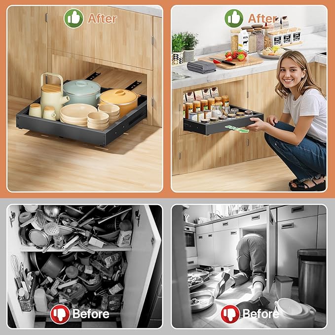 1 Pack Pull out Cabinet Organizer, Width (12"-19") Depth (17"-23"), with 3 Rails Adjustable Slide, Expandable Pullout Drawers for Cabinets, No Drill Adhesive Kitchen Drawers for Pantry Shelves - Image 7