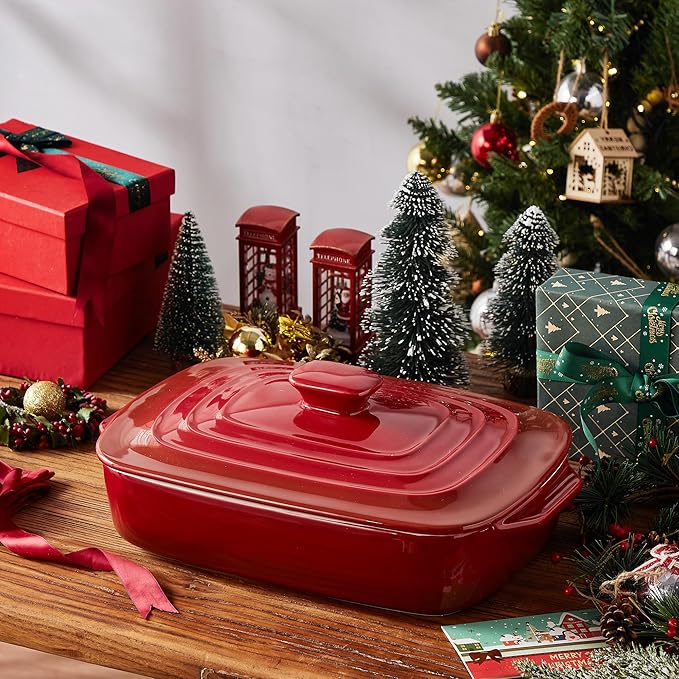 Lareina Large Ceramic Casserole Dish with Lid, 4.0 Quart Covered Rectangular Stoneware Baking Dishes for Oven, Deep 9x13 Inch Lasagna Pans for Baking and Serving, Perfect for Christmas gifts, Red - Image 7