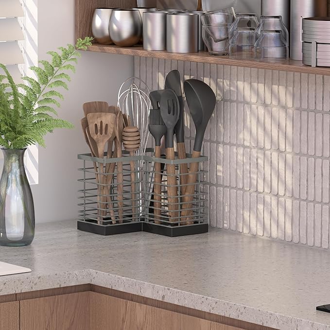 Suli Kitchen Utensil Holder with 3 Compartments，Grey Metal Corner Kitchen Caddy for Countertop，Farmhouse Rustic Cooking Storage-Grey - Image 8