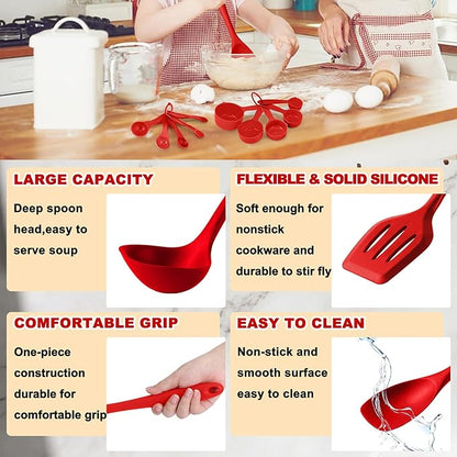 E-far Silicone Cooking Utensils Set, 24Pcs Heat Resistant Kitchen Utensil with Holder, Silicone Kitchen Tools with Spatula Turner Spoon Tongs Whisk, Non-Toxic & Dishwasher Safe (Red) - Image 4