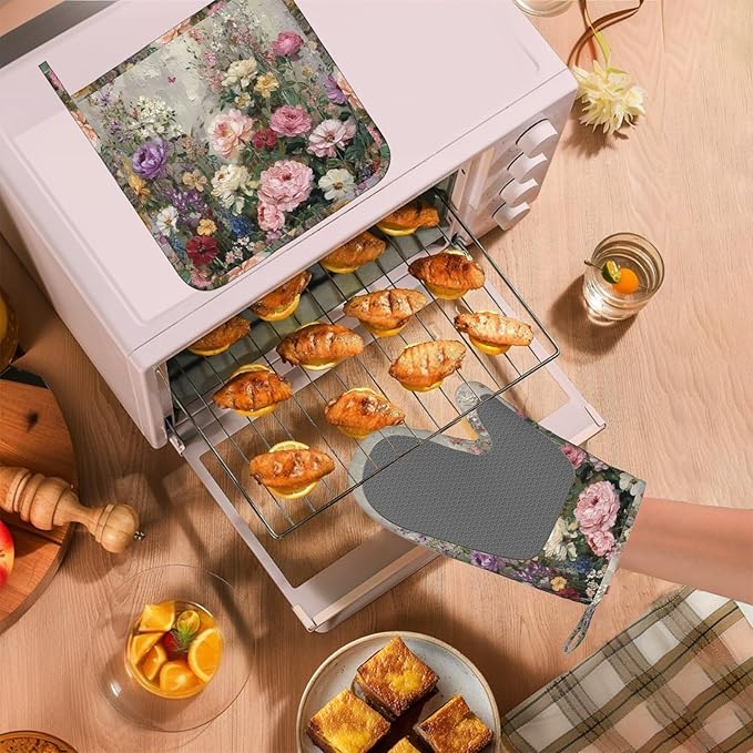 Vintage Wildflower Oven Mitts and Pot Holders Sets Silicone Kitchen Mitts Potholders Heat Resistant Oven Gloves Hot Pads for Kitchen Baking Cooking