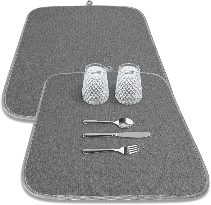 Kitsure Dish Drying Mat - 2-Pack Washable Microfiber Drying Mat for Kitchen Counter, 3-Layer Ultra Absorbent Pad with a Hanging Hook, 18" x 16", Dark Grey by Kitsure