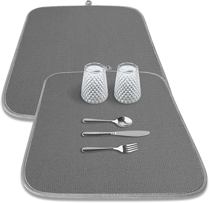 Kitsure Dish Drying Mat - 2-Pack Washable Microfiber Drying Mat for Kitchen Counter, 3-Layer Ultra Absorbent Pad with a Hanging Hook, 18" x 16", Dark Grey by Kitsure
