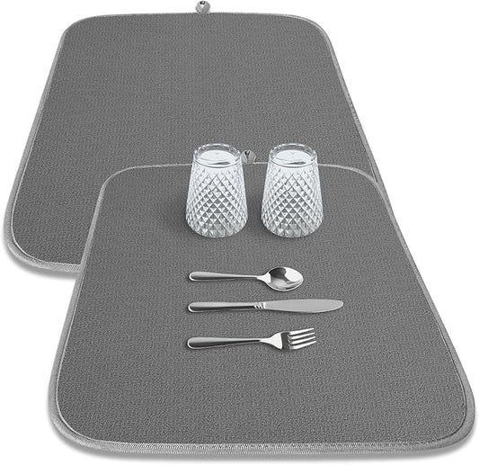 Kitsure Dish Drying Mat - 2-Pack Washable Microfiber Drying Mat for Kitchen Counter, 3-Layer Ultra Absorbent Pad with a Hanging Hook, 18" x 16", Dark Grey by Kitsure