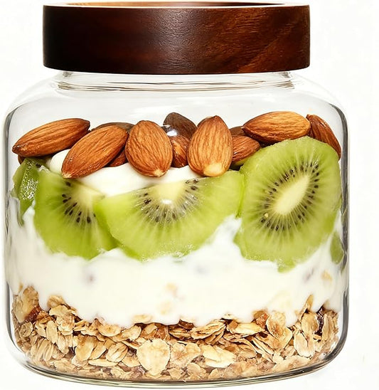 40 oz Glass Jars with Wooden Airtight Lid Herb Spice Canister Round Clear Glass Food Storage Container for Pantry Sugar Tea Coffee Bean Spice Cookies Bath Salts (1200ml/40oz-1 Pack) by Patoper