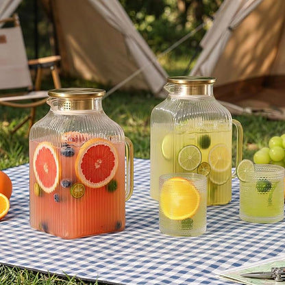 2 Pack 68oz/2 Liter Square Glass Pitcher with Handle and Lid, Classic Stripes Glass Water Pitcher with Handle for Fridge, Iced Tea, Coffee, Borosilicate Glass Carafe for Hot/Cold Brew Drink