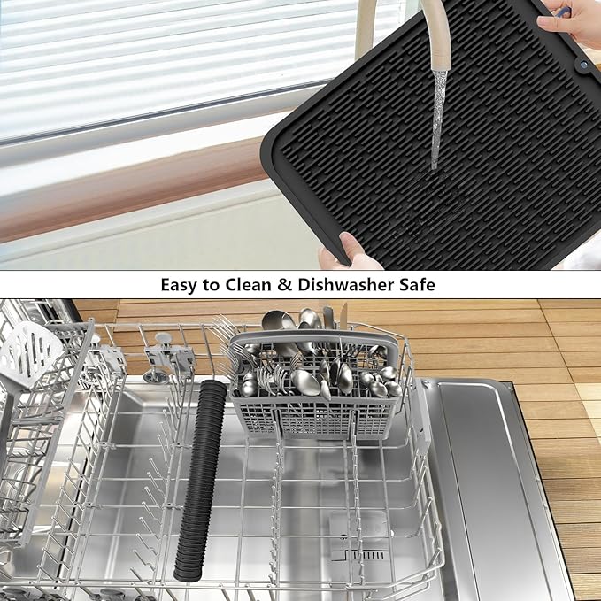 ZLR 2 Pcs Large Silicone Dish Drying Mat (16" x 18") - XL Heavy Duty Drainboard Mat for Pots, Pans & Family Loads - Heat Resistant Trivet & Counter Protector, Easy Clean (Black) - Image 8