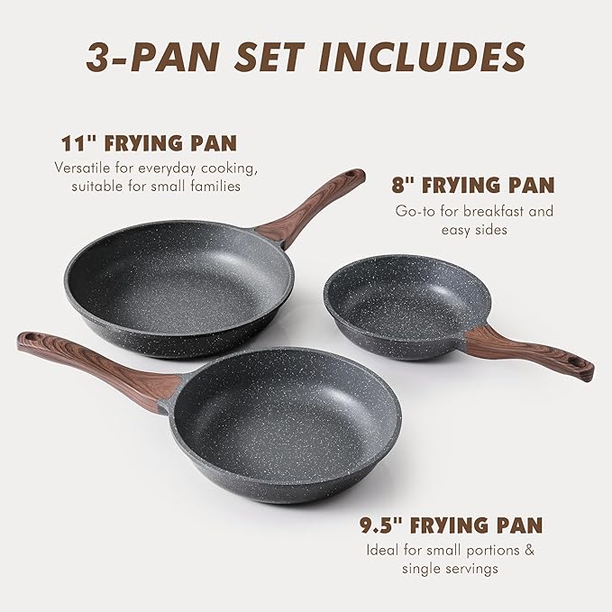SENSARTE Nonstick Frying Pan Skillets, Swiss Granite Coating Omelette Pans, Healthy Cookware Chef's Pan, Free of Intentionally Added PFOA (8+9.5+11 Inch) - Image 3