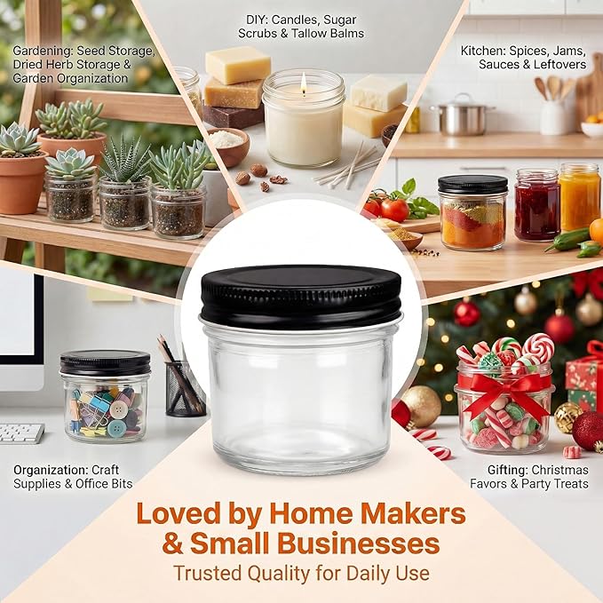 QAPPDA 40 Packs 4oz Glass Mini Mason Jars with Lids(Black), Clear Glass Jars Small Spice Canning Jars for Honey, Jam, Jelly, Wedding Favors, DIY Party Favors, Kitchen Food Storage - Image 5