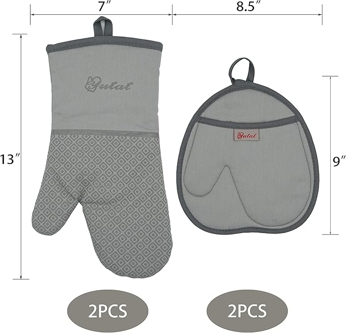 Yutat Oven Mitts - Oven Mitts and Pot Holders Sets Made of Non-Slip Silicone & BPA-Free Silicone, High Heat Resistant 500 Degrees, Perfect for Kitchen Cooking Baking BBQ, 4Pcs Set, Light Grey - Image 2