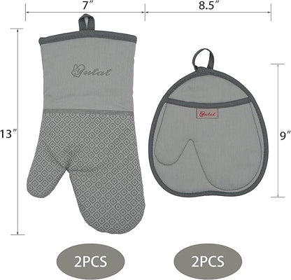Yutat Oven Mitts - Oven Mitts and Pot Holders Sets Made of Non-Slip Silicone & BPA-Free Silicone, High Heat Resistant 500 Degrees, Perfect for Kitchen Cooking Baking BBQ, 4Pcs Set, Light Grey - Image 2