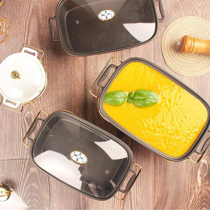 9" x 6" Ceramic Rectangular Casserole Dish with Glass Lid and rack, 30 oz Serving Soup Tureen,Chafing Dish for Buffet, Family Food preserve Tray, Catering for Party Style,Black