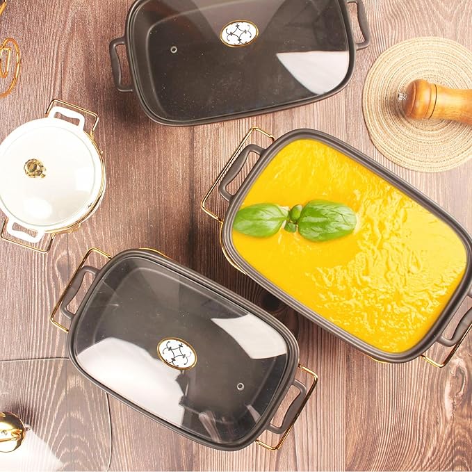 11" x 8" Ceramic Rectangular Casserole Dish with Glass Lid and rack, 1.6 Quart Serving Soup Tureen,Chafing Dish for Buffet, Family Food preserve Tray, Catering for Party Style, Black
