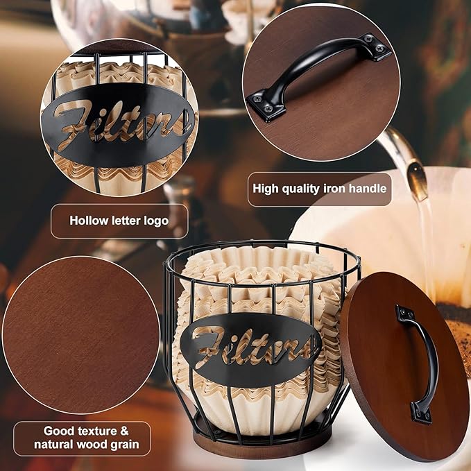 Yangbaga 8-12 Cup Coffee Filters Holder with Wood Lid,Large Capacity Coffee Filter Storage Canister Container Basket,Black Wire K Cup Storage Basket,Coffee Bar Accessories decor - Image 4